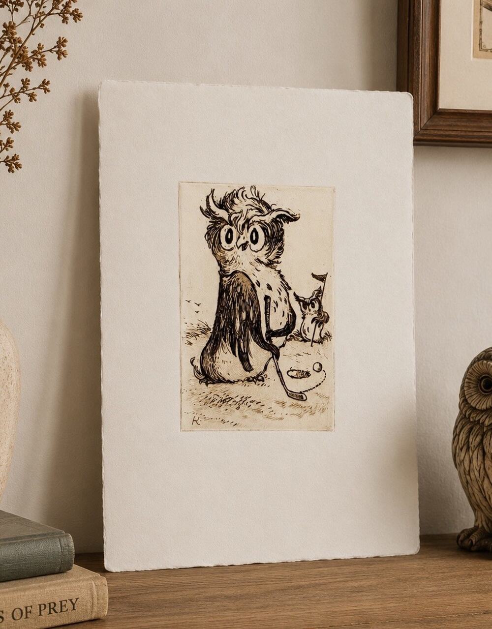 William A. Kolliker Owl Golfer Etching Humorous Anthropomorphic Art Print
